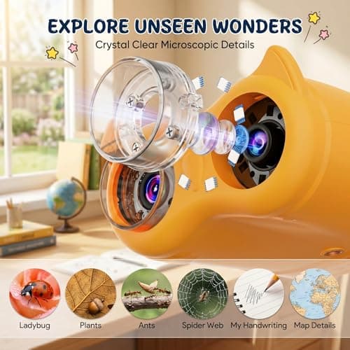OAEBLLE 2-in-1 Kids Microscope and Telescope, 1000X Handheld Digital Microscope for Kids, 2.0" Screen, 8 LEDs, 10X Pocket Telescope for Outdoor, 1080P Camera STEM Toys Gift for Boys Girls 4-12, Yellow - Thumbnail 3