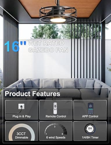 Phylluz Outdoor Ceiling Fan with Lights - 16'' Wet Rated Gazebo Fan Remote/APP Control, Caged Hanging Fan Plug and Play for Covered Patio Porch, Black - Thumbnail 2