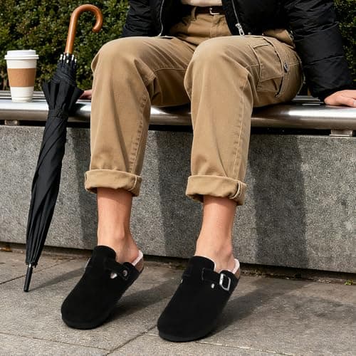 KIDMI Women's Fur Lined Suede Clogs Fuzzy Cork Footbed Mules Slip On Winter Potato Shoes, Black 37 (Size 6-6.5) - Thumbnail 2