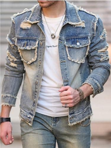 Huang's Men's Denim Jacket with Distressed Ripped Details Classic Fit Non - Stretch Fabric Cool Stylish Caual Coat (US, Alpha, XX-Large, Regular, Regular, Y043) - Thumbnail 4