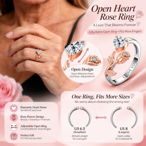 1CT Rose Heart Adjustable Ring 6.5~8 Ring Moissanite/Lab Created Ruby/Emerald And More VVS1 D Clarity 18K White/Rose Gold Gift for Wife Mother Daughter Birthday Wedding Engagement Christmas Anniversary Mothers Day Gift for Mom Bride - Thumbnail 4