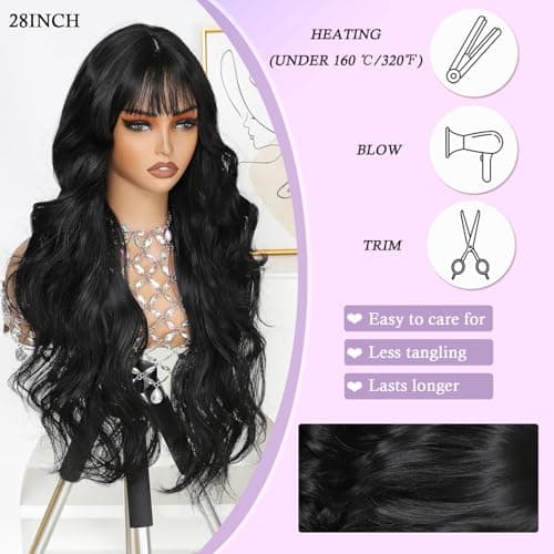 Barbique Black Long Wavy Wig with Bangs, Heat Resistant Synthetic Wig, Beginner Friendly, Natural Look, Adjustable Straps, Glueless Ready to Wear for Daily Party Cosplay Use - Thumbnail 4