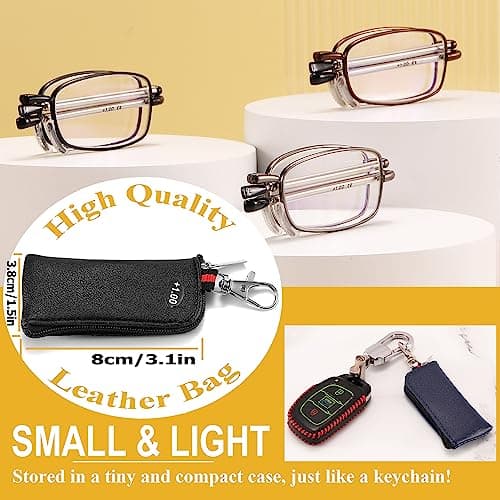 Yiwaeye Folding Reading Glasses Blue Light Blocking, Soft Nose Pad Spring Hinge Readers with Portable Keychain Bags for Men Women 3 Pack Black/Gunmetal/Brown +2.5 - Thumbnail 3