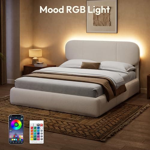 Uteeran Queen Size Bed Frame with Storage, Boucle Cloud Bed with 4 Locking Drawers & LED Lights, Modern Upholstered Platform Bed, Plush Sides & Footboard, Adjustable Headboard, No Box Spring, White - Thumbnail 3