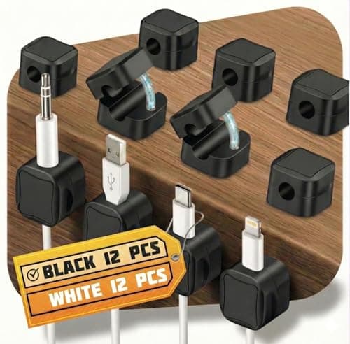 12 Pack Magnetic Cable Clips Black – Fast Locking System Cable Management for Desk, Nightstand & Car – Strong Adhesive Wire Clips, USB Cable Organizer, Phone Charger Cord Holder for Home & Office - Image 1