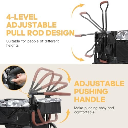ELEMARA All-Terrain Stroller Wagon for 2 Kids, Foldable Kids Wagon Stroller Includes Removable Canopy,Mosquito net, Adjustable Push＆Pull Handle,Snack Tray & Cup Holders, Storage Basket, Black+White - Thumbnail 5