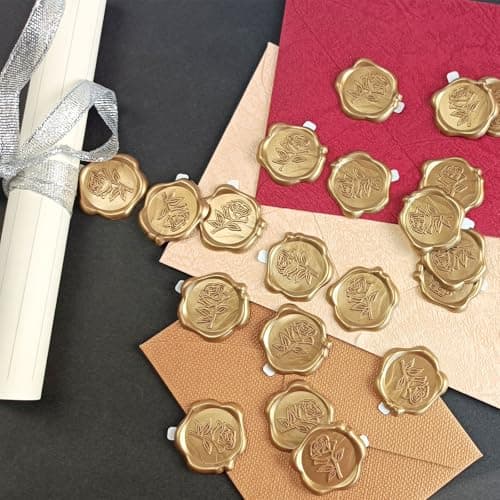 Pilloze 50 Pcs Gold Rose Wax Seal Stickers, Rose Envelope Wax Seal, Wedding Invitation Accessories, Easy to Use Gold Envelope Stickers with Good Adhesion - Thumbnail 3