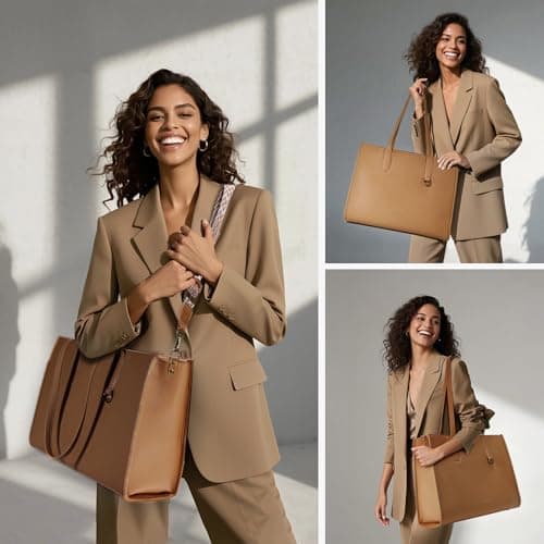 buyborgood Women’s Large leather Work Tote Bag with 14" Laptop Compartment Insulated Lunch Box, Light Brown - Thumbnail 2