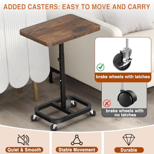 alentar Adjustable Height& Mobile TV Tray Table with Wheels: Upgraded Alloy Steel Support & Sturdy Quadrilateral Base. Dinner Table for Eating on Couch and Sofa. Ideal for Small Living Spaces - Thumbnail 5
