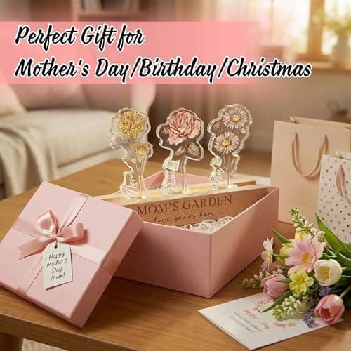 CraffBase Personalized Mom's Garden Night Light Custom Birth Month Flower Acrylic LED Lamp with Engraved Names Mother's Day Birthday Gift for Mom Grandma Sentimental Family Keepsake with Wooden Base - Thumbnail 4