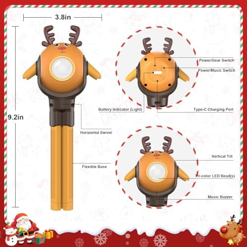 A.S Reindeer Kids Flashlight, LED Rechargeable Torch with 8 Color Modes & 8 Music, Fun Flashlights for Boys & Girls, Perfect for Parties, Camping & Outdoor Adventures Christmas Gift Toy - Thumbnail 3