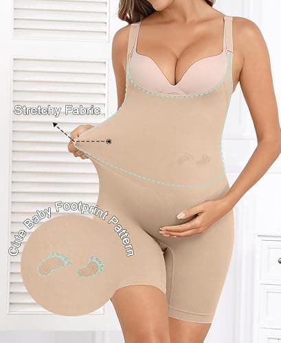 Y25D Women's Maternity Bodysuit Seamless Pregnancy Shapewear Shorts Under Dresses Belly Support Nude Medium - Thumbnail 2