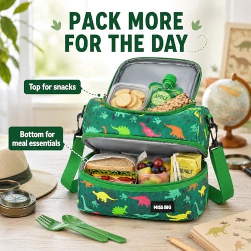 MISS BIG® Kids Lunch Bag for Boys, Dinosaur Insulated Lunch Bag with Two-Tier Storage, Adjustable Shoulder Strap, Lunch Box Bag for Kids, School, Daycare, Picnic, and Travel - Thumbnail 3