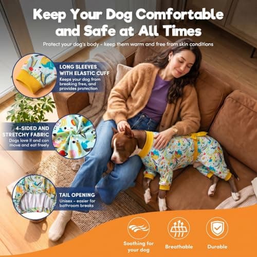 LovinPet Dog Onesies for Large Dogs - Mint Outer Space Print, Wound Care and Post Surgery Onesie, UV Protection Fabric, Pet Anxiety Relief Shirt, Pet PJ's,Yellow 3XL - Thumbnail 6