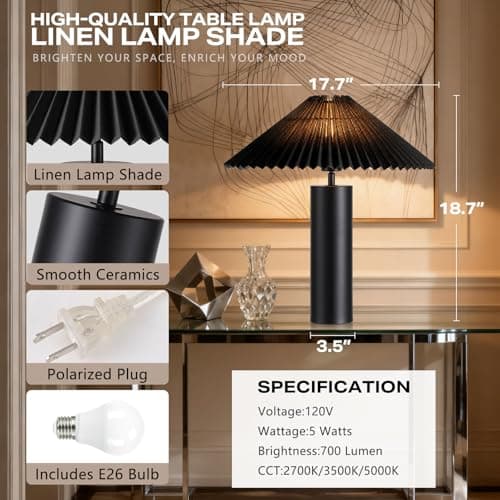 YJSQOEOE Modern Table Lamp with Pleated Lampshade and Cylindrical Base, E26 Bulb Compatible, Contemporary Accent Light for Living Room, Bedroom, Office (Black) - Thumbnail 2
