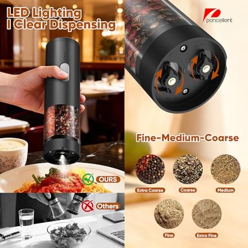 2 in 1 Electric Salt and Pepper Grinder Set (USB Rechargeable), Automatic Salt and Pepper Mill with LED Lighting, One-Handed Operation Adjustable Coarseness - Perfect for Kitchen, BBQ Gifts (Black) - Thumbnail 6