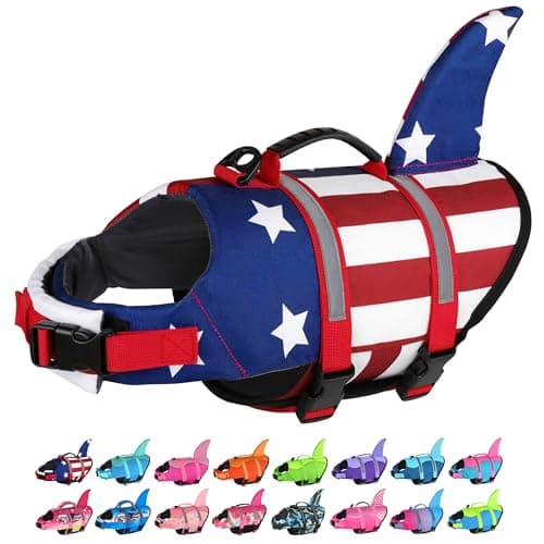 Dogcheer Dog Life Jacket Shark, American Flag Dog Life Vest with Reflective Stripes & Rescue Handle, Adjustable High Buoyancy Puppy Swim Float Vest for Small Medium Large Dogs - USA Flag, XS