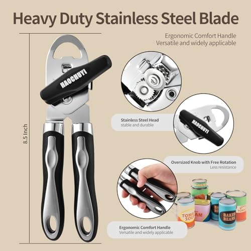 HAOCHUYI Classic Multifunction Can Opener and Bottle Opener Easy to Use, Razor Sharp Stainless Steel Cutting Wheel, Soft Ergonomic Handles, Black ﻿ - Thumbnail 2
