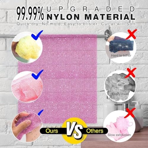 3 Piece Bright Style African exfoliating net Exfoliating Shower Set Long Bath Sponges for Smooth, Refreshed Skin, The Exterior Gleams - Ideal for Daily Use (Bright Yellow, Pink, Purple) - Thumbnail 2