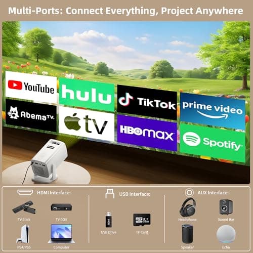 Mini Projector, Portable Projector 4K & Full HD 1080P Support, 270° Rotation Outdoor Projector, Movie Projector Compatible with Smartphone, TV Stick, Laptop, PS4, HDMI, USB - Thumbnail 3