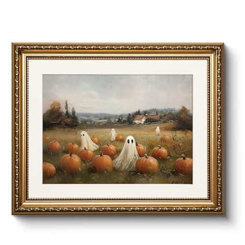 Vintage Halloween Ghost and Pumpkin Patch Gold Framed Wall Art, 13x16 Inch Canvas Print with Spooky Autumn Fall Landscape Painting, Rustic Halloween Living Room Bathroom Bedroom Home Decor - Image 1