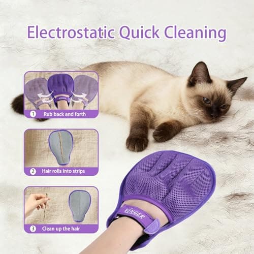 VINGER Pet Hair Removal Glove for Cats & Dogs, Electrostatic Pet Hair Gloves with Adjustable Wristband, Five-Finger Magic Brush Remover Tool for Laundry, Carpet, Couch, Car Seats & Clothing (Purple) - Thumbnail 3