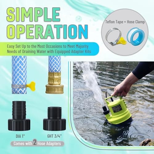 PANRANO 1 HP Submersible Water Pump 3500 GPH Portable Small Sump Pump For Pool Cover, Basements, Puddles, Gardens Ponds With 16.4 Ft Power Cord and Hose Adapters, Yellow - Thumbnail 5
