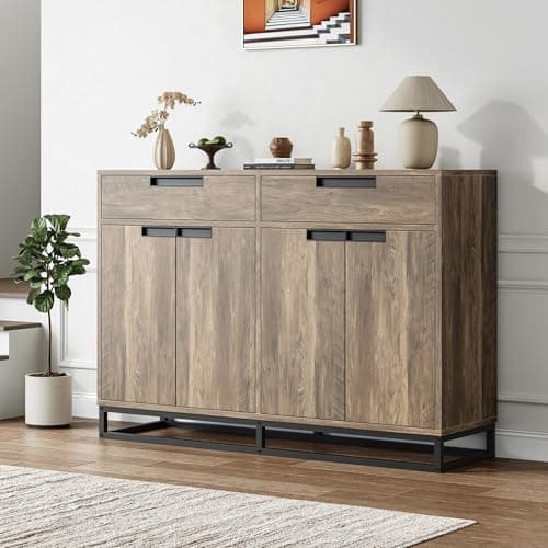 GarveeHome Sideboard Buffet Cabinet, 55-Inch Large Modern Kitchen Accent Storage Cabinet with 2 Drawers and 4 Doors, Coffee Bar Buffet Table for Kitchen and Dining Room (Retro) - Thumbnail 5