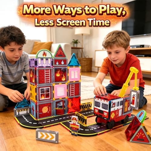 LATI Fire Rescue Magnetic Tiles for Kids,Double-Sided Fire & Rescue Blocks with Fire Truck, Station, Roads & Crane, STEM Magnetic Building Blocks for Boys & Girls Ages 3-8 - Thumbnail 5