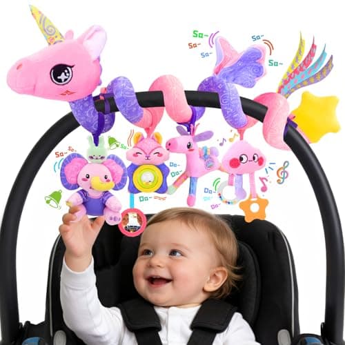Zendstanding Musical Car Seat Toy for Babies 0-12 Months Girl, 5-in-1 Sensory Activity Hanging Toy Stroller Toy with Soothing Music, Rattle, Mirror for Newborn Infants Essential Gifts, Unicorn - Image 1