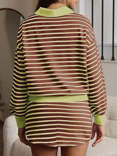 EXLURA Womens Two Piece Sets Cotton Striped Sweatshirt Matching Skirt Skort Tennis Vacation Cruise Outfits Travel Set 2026 - Thumbnail 5