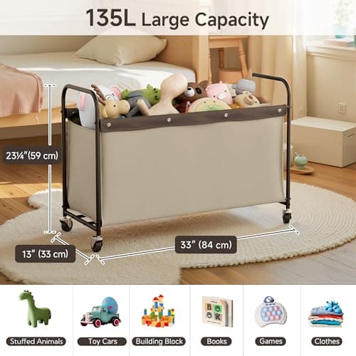 StorageWorks Toy Box with Wheels for Kids, 135L Large Toy Storage Chest and Organizer, 23" Metal Toybox with 360° Swivel Wheels for Bedroom, Kids Room, Stuffed Animal Storage, Light Khaki - Thumbnail 2
