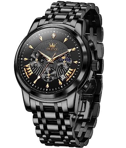 OLEVS Watch Men Black Watches for Men Chronograph Stainless Steel Mens Watches Big Face Classic Luxury Men's Wrist Watch with Date Luminous Waterproof Dress Analog Quartz Relojes para Hombres