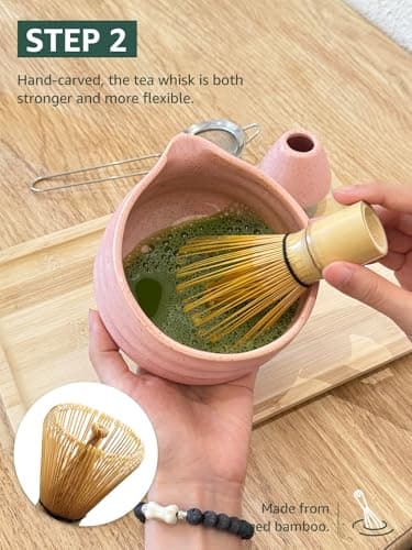 Sisher Matcha Set,Matcha Bowl with Spout,Cute Matcha Set(5pcs) Matcha Bowl,Bamboo Whisk, Matcha Scoop, Matcha Whisk Holder (Chasen Holder), Stainless Steel Sifter, Macha Kit - Thumbnail 4