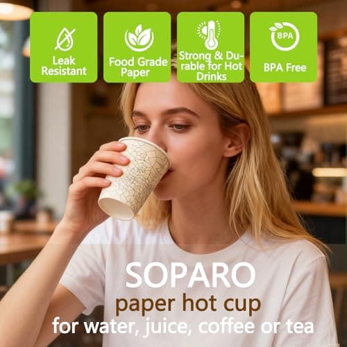 SOPARO 16 oz Disposable Paper Coffee Cups Bulk, 500 Count, Commercial Grade, Leak Resistant Hot Cups for Coffee Shops & Restaurants (500, stock pattern, 16OZ) - Thumbnail 4