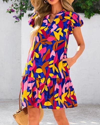 dowerme Womens Summer Dresses 2026 Puffy Sleeve V Neck Loose Floral Print A Line Boho Mini Babydoll Dress with Pockets(Blue Floral,X-Large) - Thumbnail 4