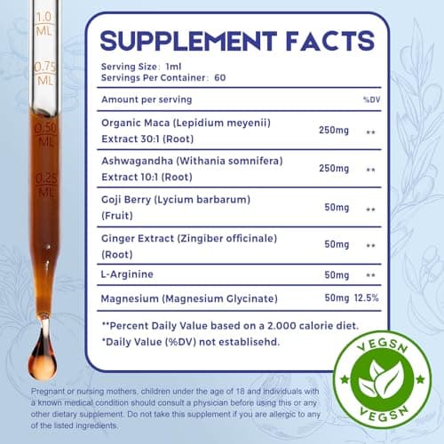 Maca Root Ashwagandha Liquid Drops - Maca and Ashwagandha Supplements with Goji Berry,Ginger Extract,L-Arginine and Magnesium Enhanced Energy 2 fl oz - Thumbnail 2