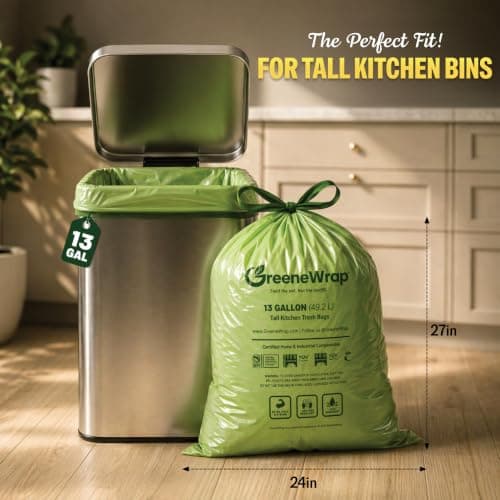 GreeneWrap 13 Gallon Compostable Trash Bags with Drawstring, 30 Count, 1 Mil, Tall Kitchen Food Scrap Compost Bags, BPI Certified, ASTM D6400, Compostable Garbage Bags, Unscented, 13 Gal - Thumbnail 5