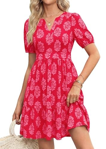 PRETTYGARDEN Womens Summer Floral Boho Dresses 2026 Casual V Neck Puff Sleeve A Line Flowy Beach Vacation Short Dress (Red Pink Flower,XL) - Image 1