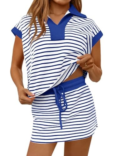 Fisoew Womens Striped 2 Piece Outfits Casual Sweatshirt Skirt Set Short Sleeve Skort Workout Set Matching Lounge Sets