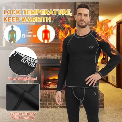 MeetHoo Men Thermal Underwear Set Long Johns with Fleece Lined Base Layer Men Cold Weather Top Bottom for Skiing Running - Thumbnail 4