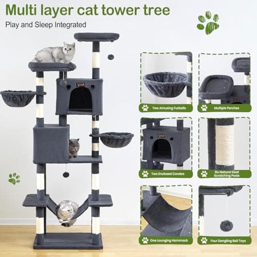 Large Cat Tree Tower for Indoor Cats Adult, 74.8 Inch Tall Large Multi-Level Tree Towers with Scratching Posts, Condo, Hammock, Bed for Big Cats, Modern Cat Trees Furniture Heavy Duty (Dark Gray) - Thumbnail 6
