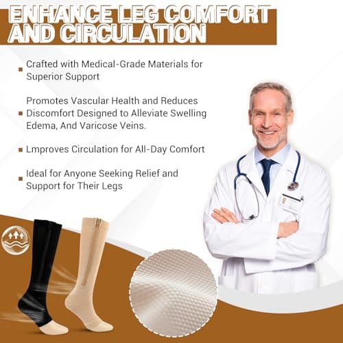 4 Pairs Zipper Compression Socks Women & Men, 15-20 Mmhg Compression Socks with Zipper, Medical Compression Socks with Zipper, Toeless Lining for Varicose Veins, Edema, Recover (Black/Beige Open Toe, Large-X-Large) - Thumbnail 6