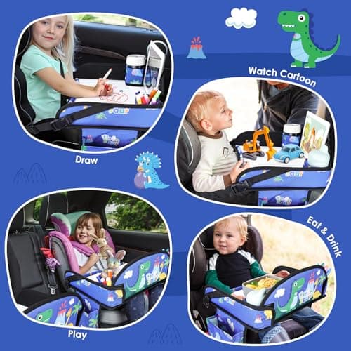 WENRENER Kids Travel Tray for Airplane - Toddler Car Seat Table Tray, Road Trip Essentials for Boys & Girls, Carseat Lap Desk for Kids Road Trip Activities,Blue Dinosaur - Thumbnail 5