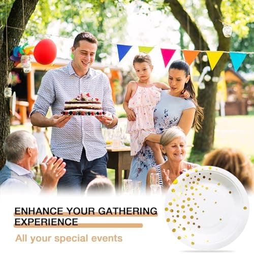 100 PCS Disposable Paper Plates for Party Supplies, White and Gold Dessert/Cake Plates, Heavy Duty Gold Plate for Party, Birthday, Graduation, Wedding, Engagement, Baby Shower, All Anniversary (7IN) - Thumbnail 3