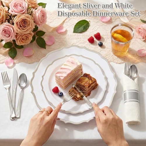 Glowserve 175Pcs Sliver Plastic Plates Disposable Party Plates for 25Guests - Thumbnail 2