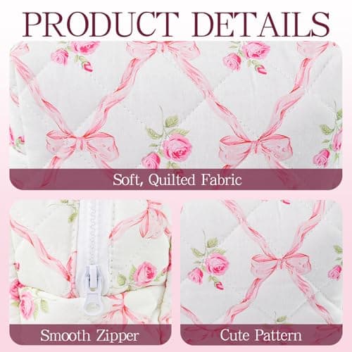 Quilted Makeup Bag Floral Cotton Make up Bag Puffy Coquette Makeup pouch Aesthetic Cute Travel Toiletry Bag for Women Girls - Thumbnail 4