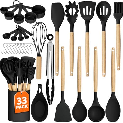 WISELIFE Kitchen Utensils Set - 33 PCS, Heat-Resistant Silicone Cooking Utensils Set with Wooden Handle, BPA-Free Kitchen Gadgets Spatula Sets with Holder for Nonstick Cookware (Black) - Image 1