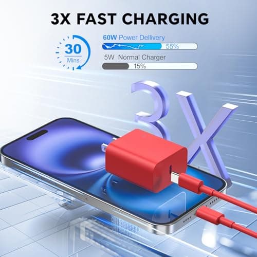 20W USB C Wall Charger Block,Compatibile with Phone 15 16 17 Pro Charger Fast Charging with 10FT Long Type C Cable,for Phone16/15 Pro Max,16Plus,15Plus,I-Pad/Pad Pro/Air/Samsumg and More(Purple,Red) - Thumbnail 4