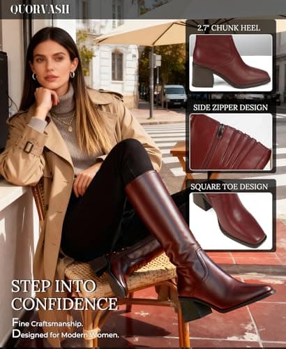 Quorvash Knee High Boots Women - Long Elastic Faux Leather Boots Tall Square Toe Chunky Block High Heel Shoes with Side Zipper Red 8 - Thumbnail 5